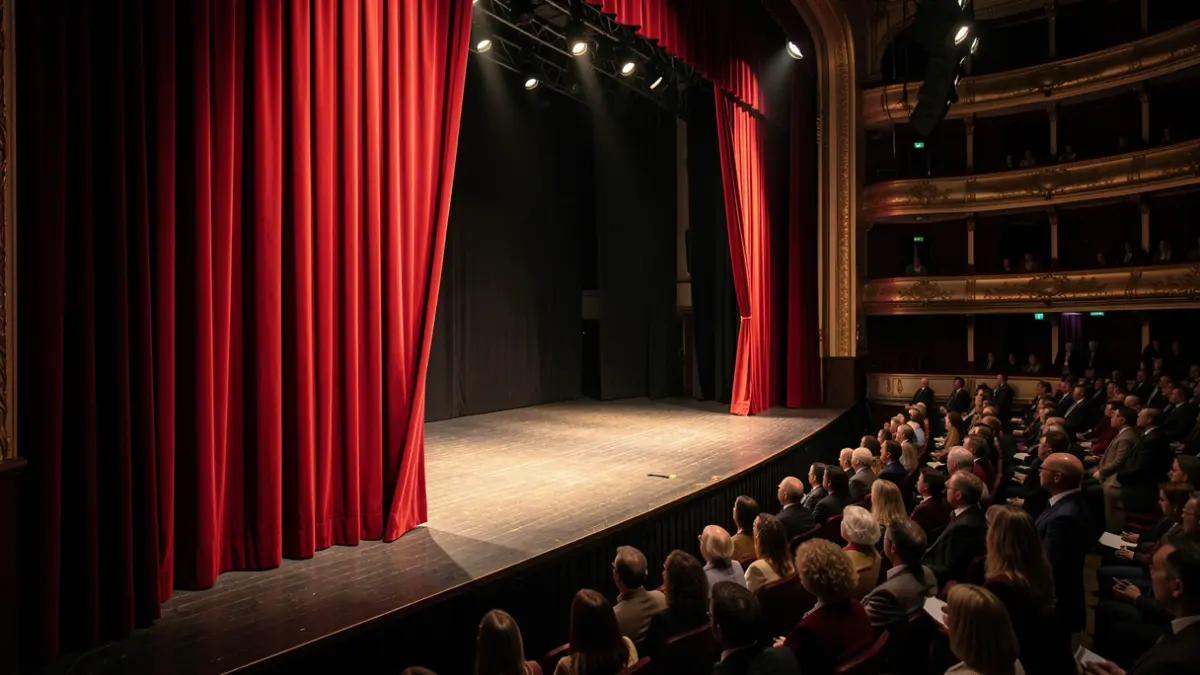 Generic image of a theater stage with red curtains slightly open and spotlights illuminating the empty space.