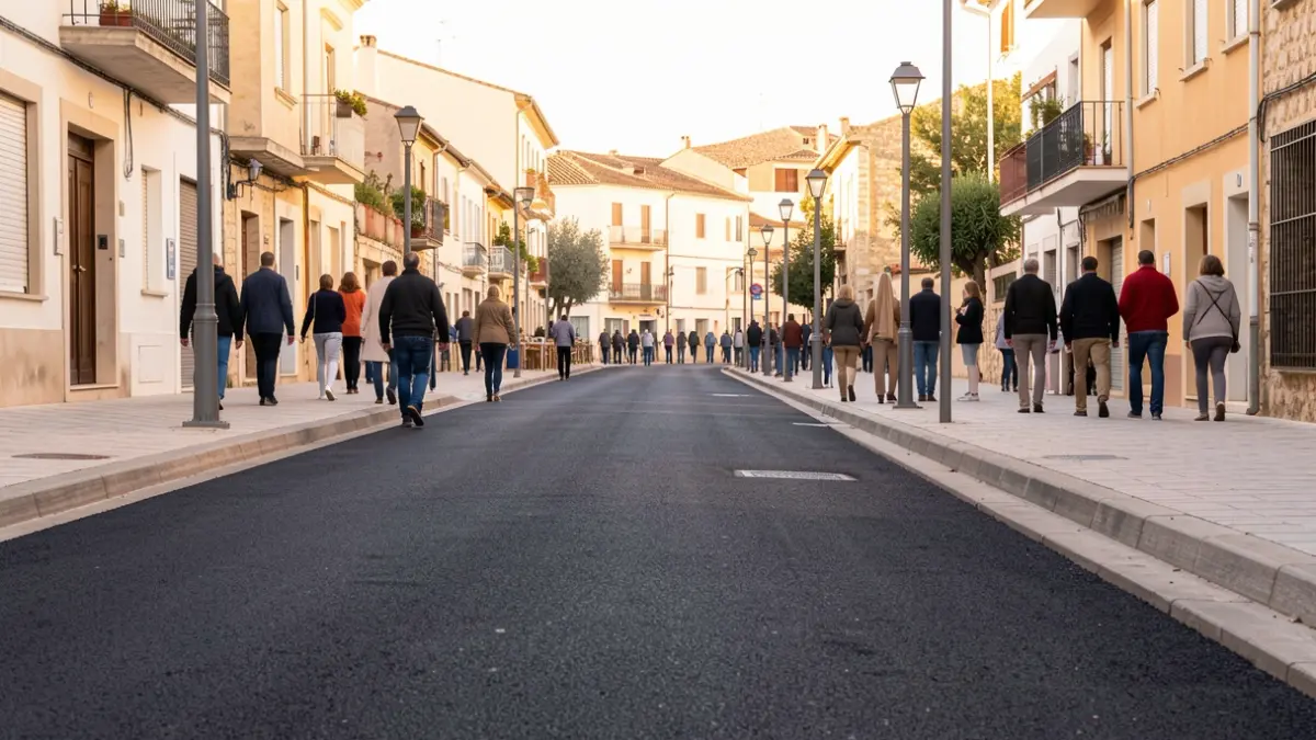 Imatge genèrica d'un carrer acabat de pavimentar amb voreres amples i enllumenat públic.
