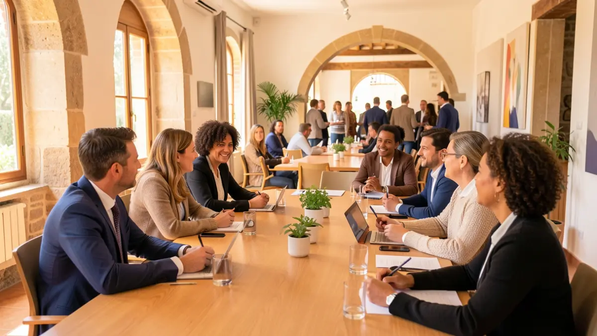 Professionals discussing gender equality in a Catalan workplace.