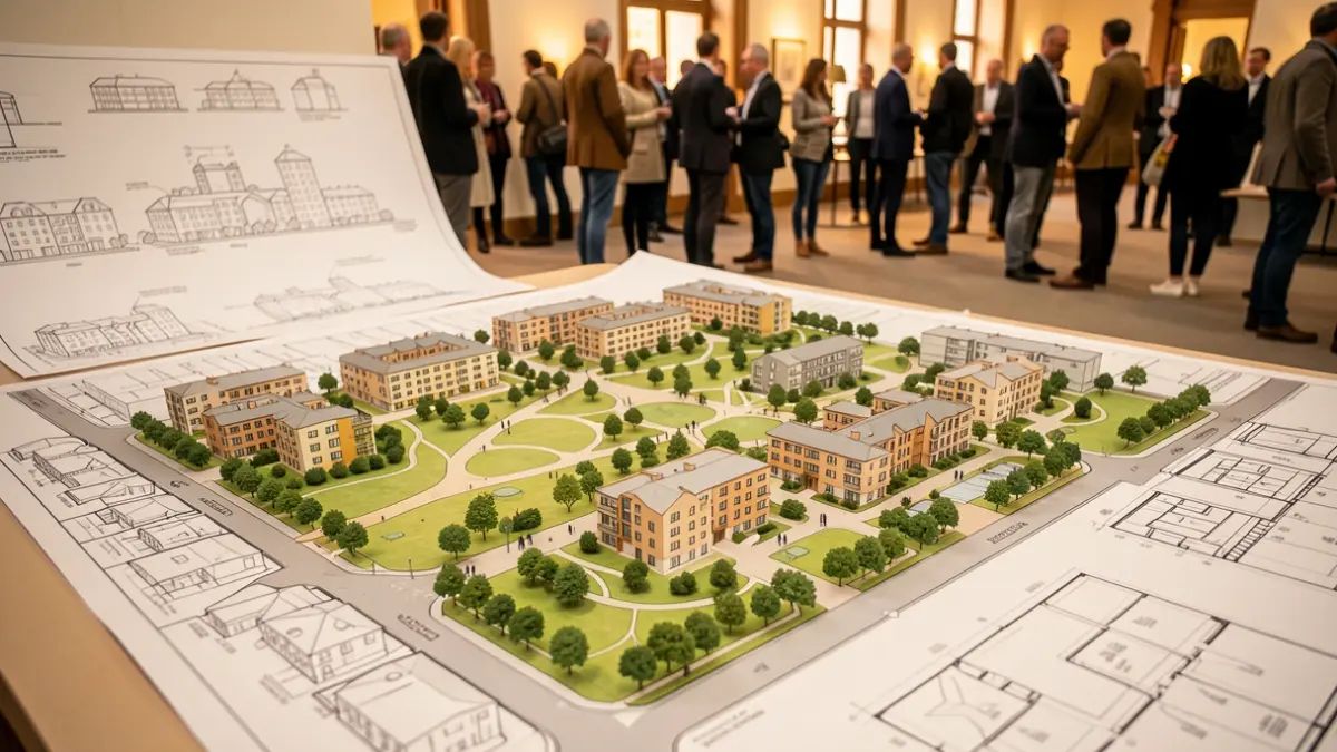 Generic image of an urban development plan with green spaces and housing blocks.