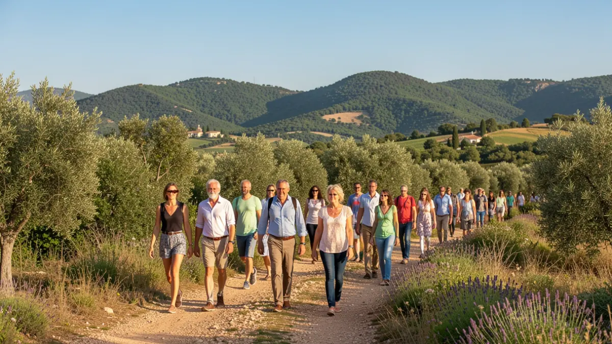 Imagen genérica de personas caminando por un entorno natural mediterráneo.