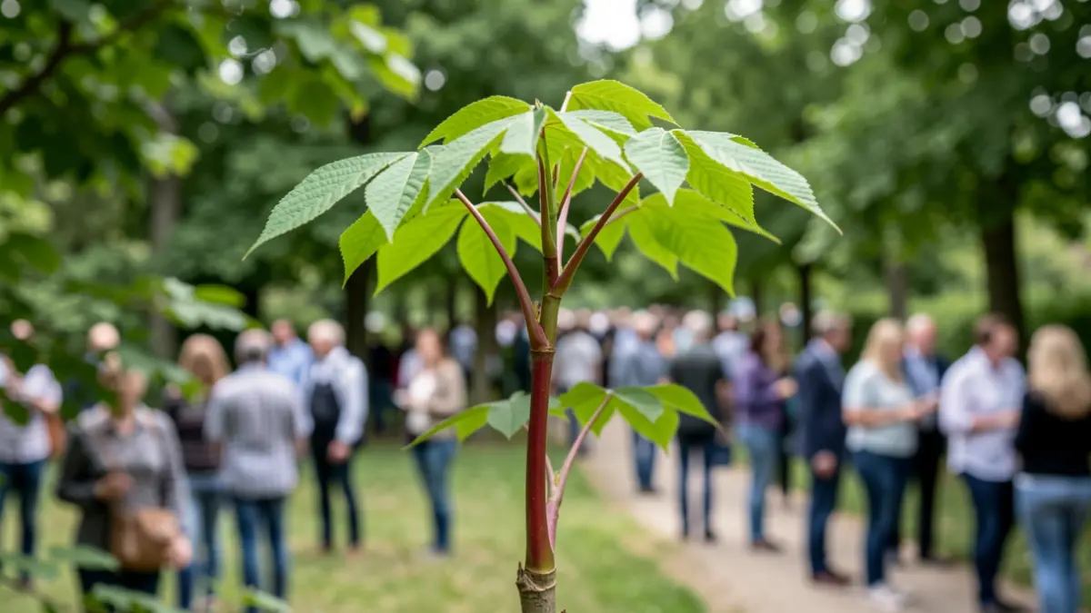 Imatge genèrica d'un jove arbre ailant amb la tija vermellosa, envoltat de vegetació borrosa.