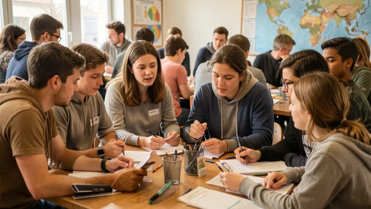 Generic image of young people actively participating in a workshop on global justice, with educational materials and maps in the background.