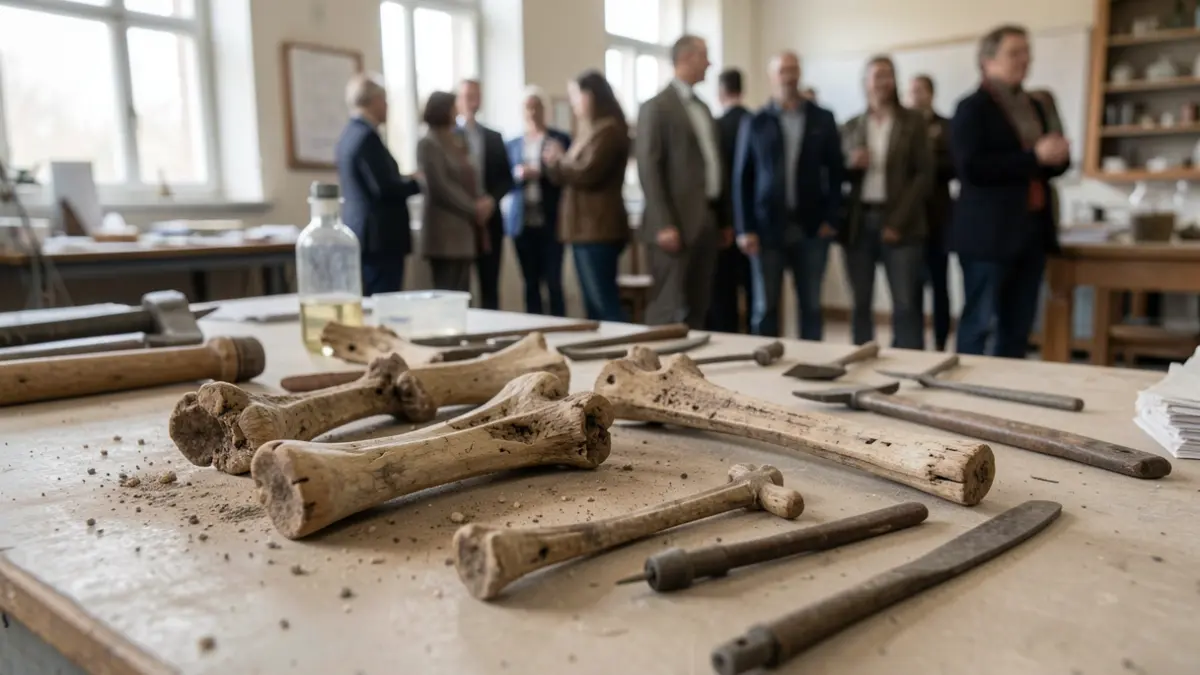 Generic image of ancient bone fragments and prehistoric tools on a laboratory table.