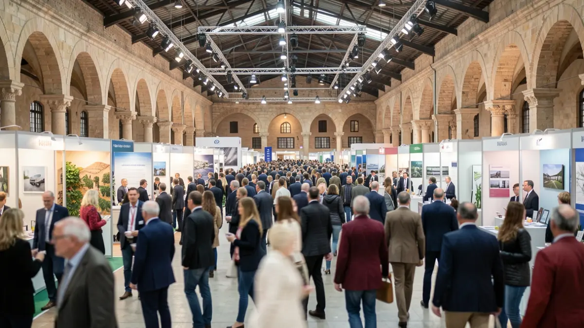 Imatge genèrica d'un saló d'exposicions amb nombrosos estands i públic al fons.