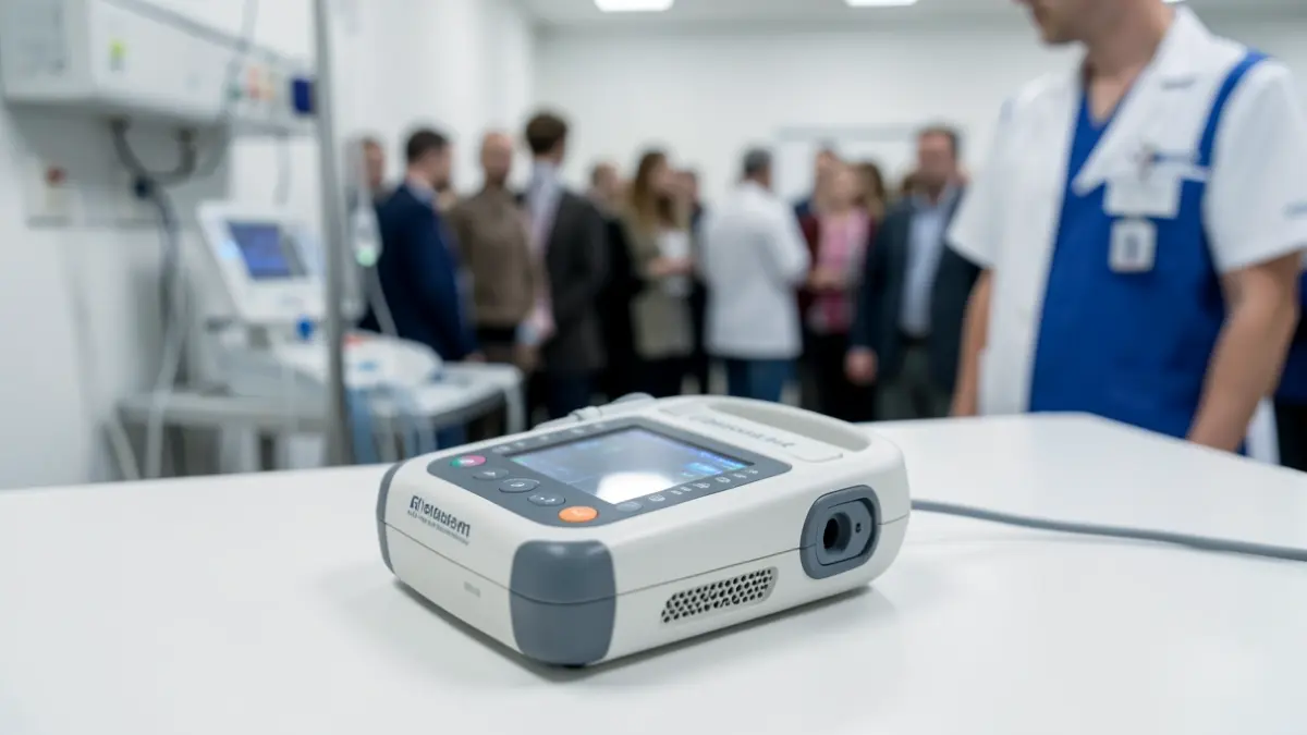 Generic image of an automated external defibrillator (AED) on a clean surface.