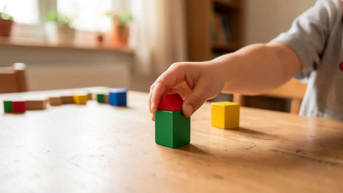 Imatge genèrica d'una mà infantil agafant un bloc de construcció sobre una taula de fusta.