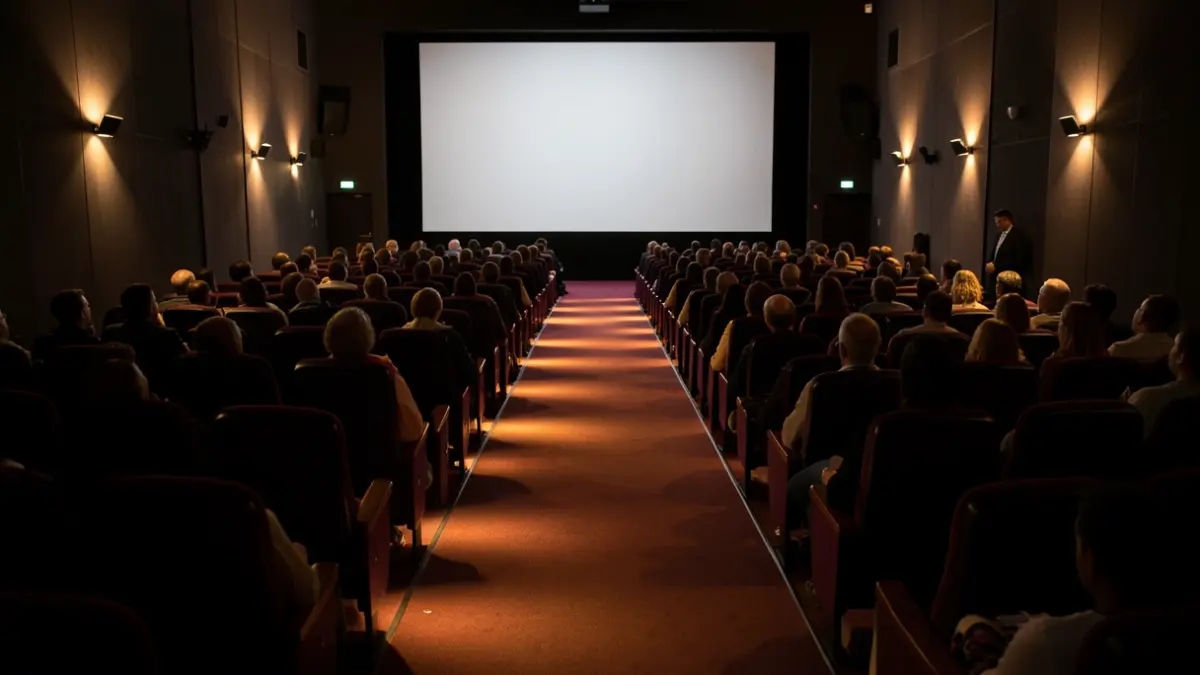 Generic image of a cinema interior with empty seats and warm lighting.