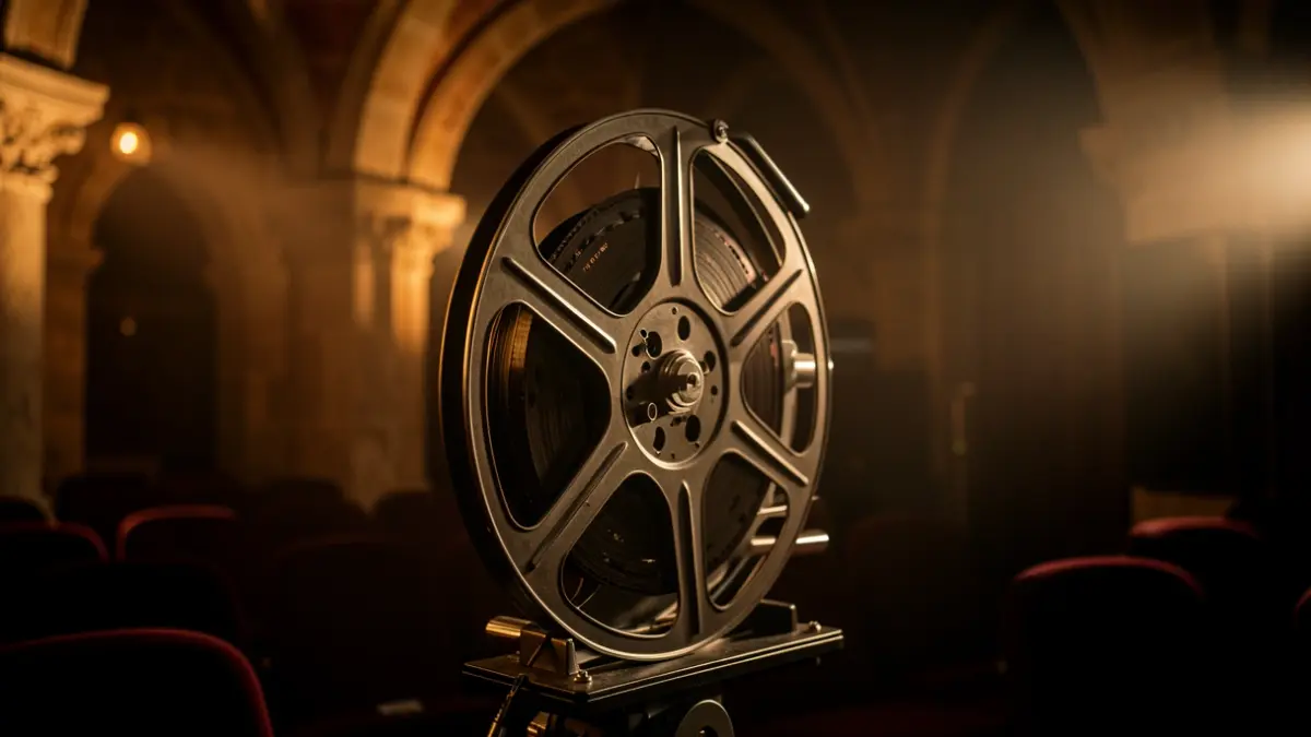 Generic image of a film projector and reel in a dark setting.