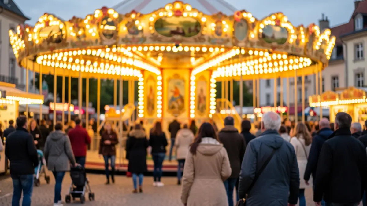 Generic image of a classic amusement park attraction with blurred lights and a hint of a crowd in the background.
