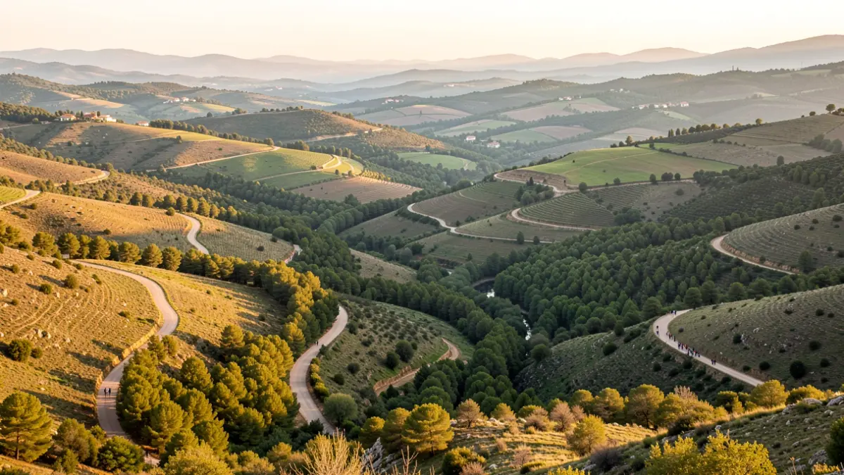 Paisatge del Bisaura amb camins rurals i boscos verds sota la llum del capvespre.