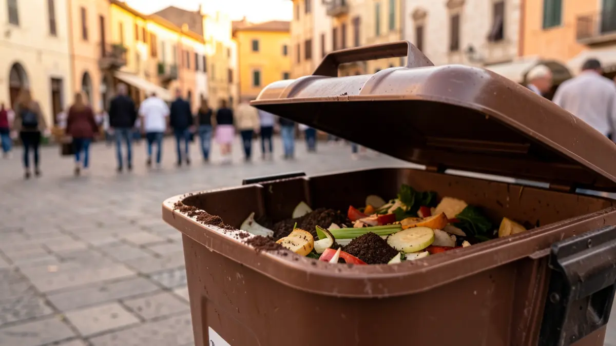 An organic waste bin with vegetable scraps and a Mediterranean urban setting at dusk.