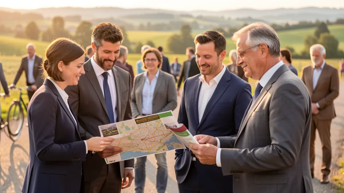 Imatge genèrica de professionals revisant un mapa amb rutes ciclistes i paisatges al fons.