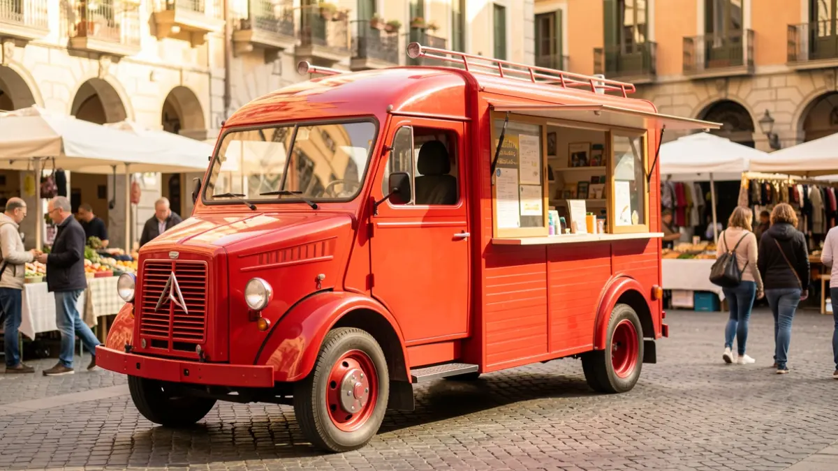 Generic image of an old fire truck converted into a mobile classroom, parked in a municipal market.