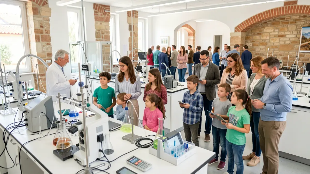 Famílies visitant un laboratori de recerca durant un dia de portes obertes.
