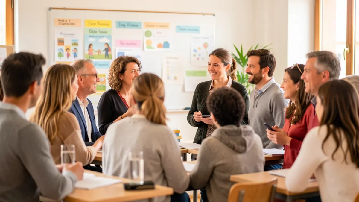 Personas conversando en un aula de catalán en Vic.