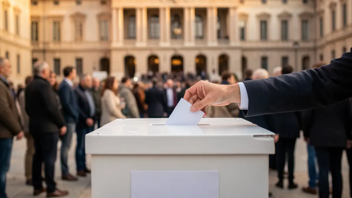 Imagen genérica de una urna electoral con una mano introduciendo un voto, con el Congreso de los Diputados difuminado al fondo.