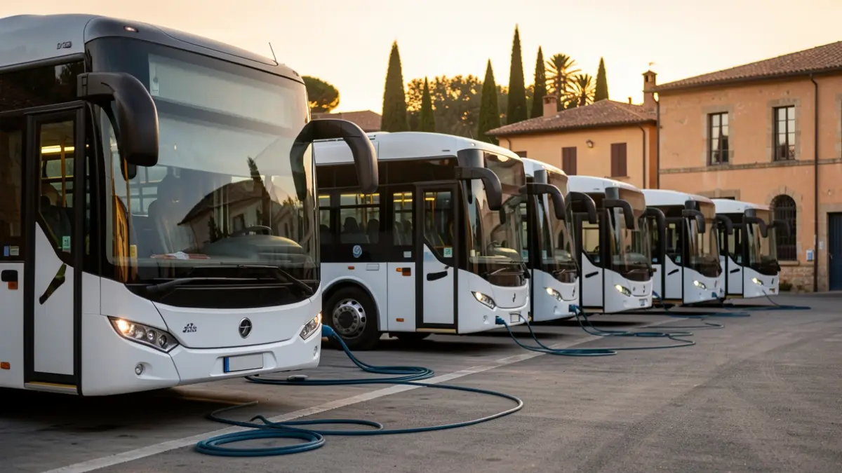 Autobusos elèctrics aparcats en un dipòsit a Barcelona.