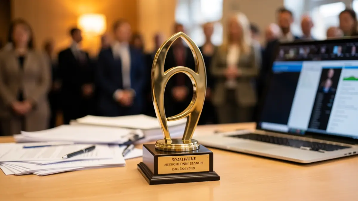 Imagen genérica de un premio profesional sobre una mesa de oficina.