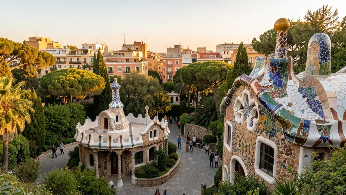 Imagen del Park Güell de Barcelona con arquitectura modernista y mosaicos bajo la luz del atardecer.