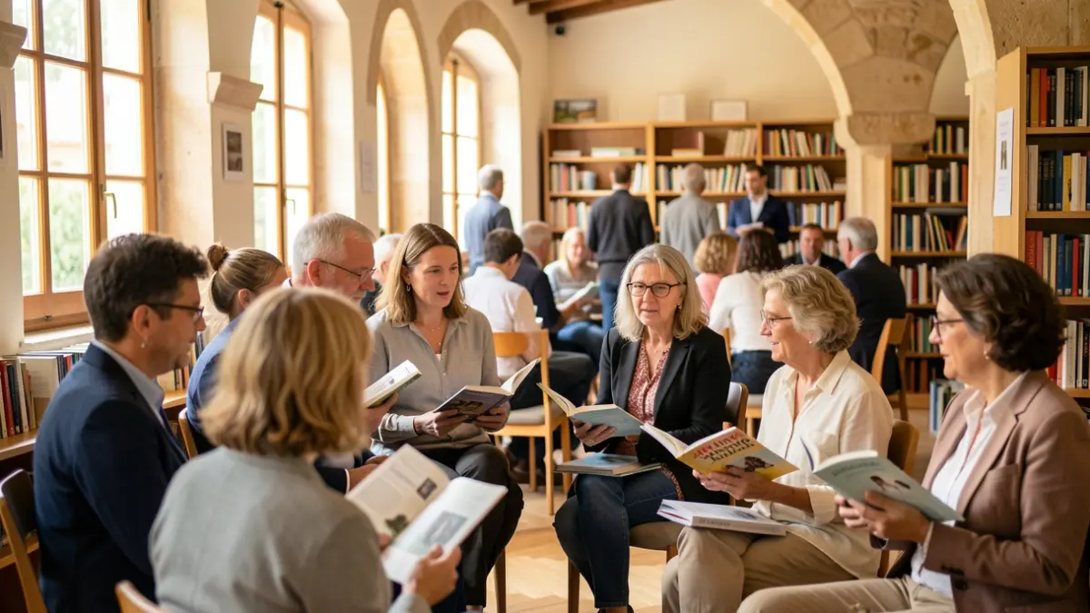 Generic image of people gathered in a library, talking and holding books.
