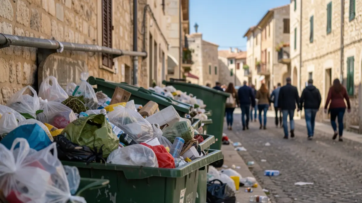 Imagen genérica de contenedores desbordados y residuos esparcidos en la calle.