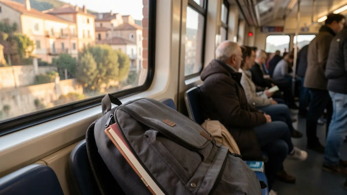 Imatge genèrica d'una motxilla i llibres sobre un seient de transport públic, amb una vista borrosa d'un poble català al fons.