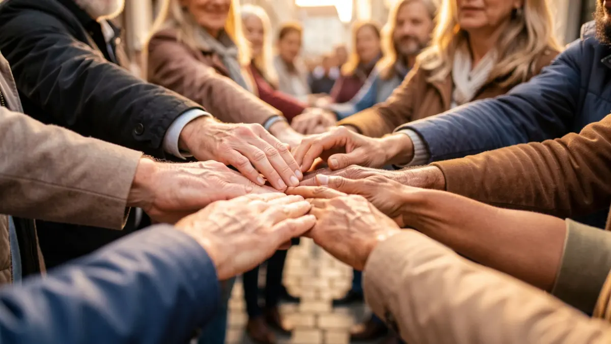 Generic image of various hands reaching towards a central point, symbolizing citizen participation.