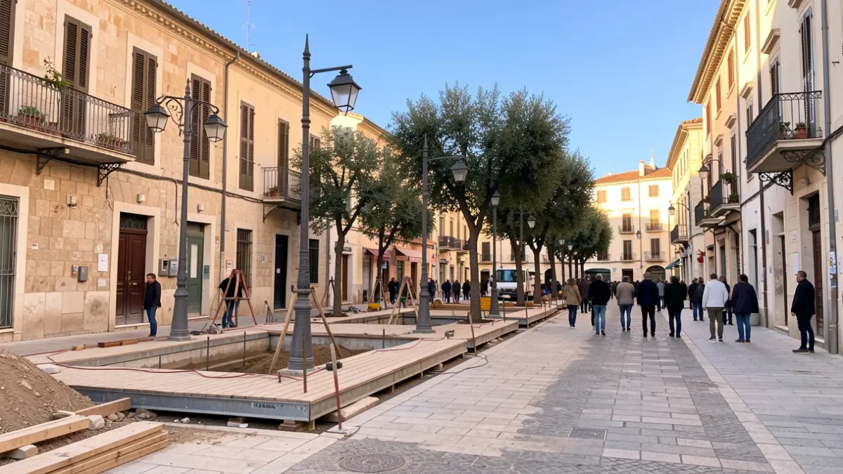 Obras de reurbanización de una calle en Sant Andreu de Llavaneres con nuevo alumbrado y arbolado.
