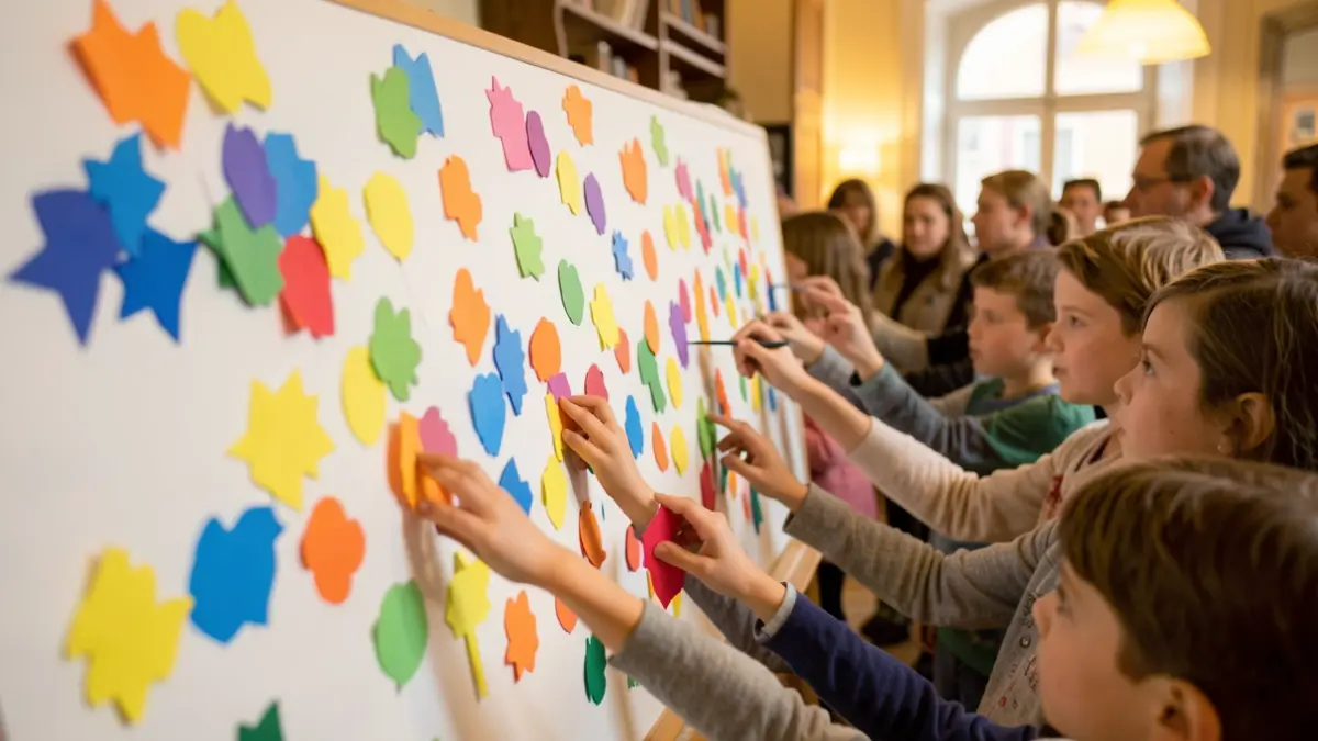 Generic image of children's hands creating a collage with colorful paper shapes on a white board.