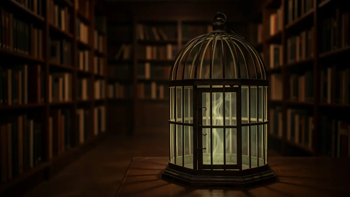 Interior of a library with a mysterious, illuminated cage.