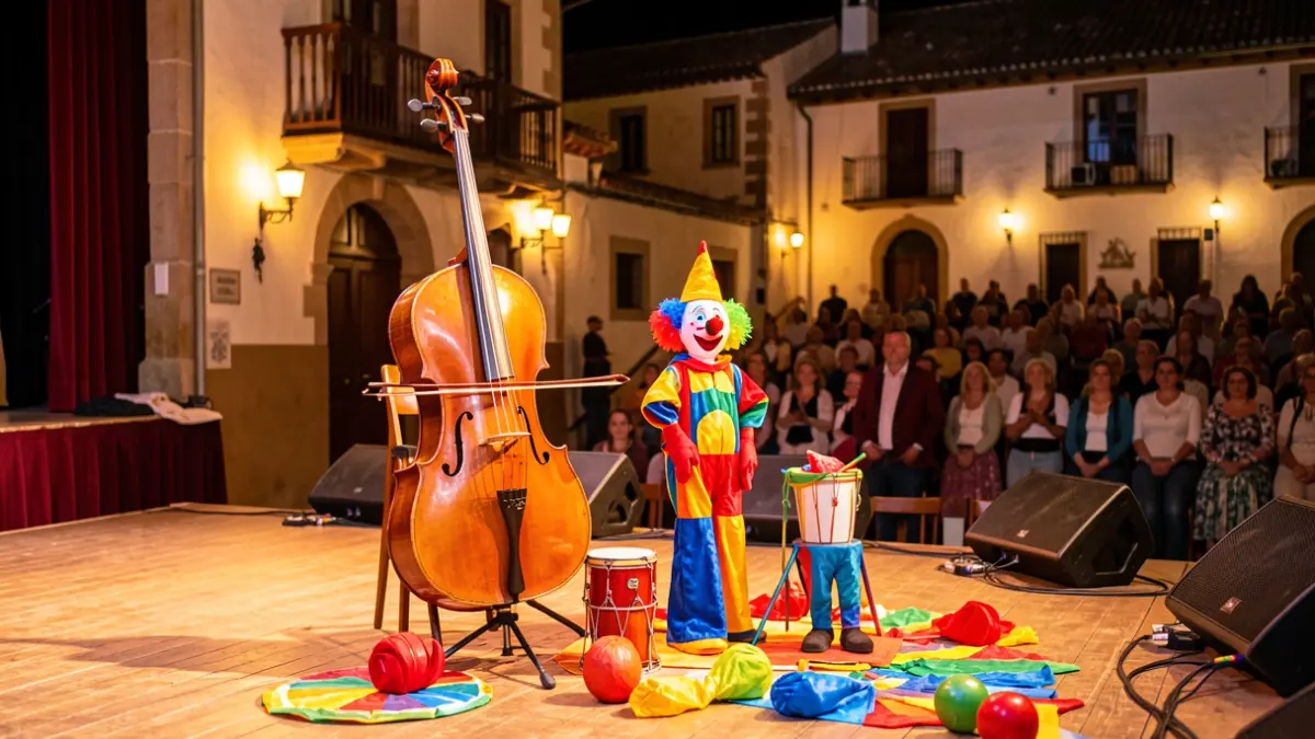 Escena d'un espectacle cultural amb violoncel i elements de pallasso.