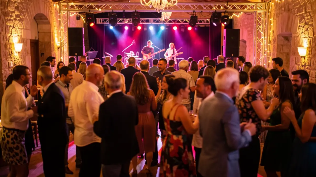 Imatge genèrica d'una celebració festiva en un local social amb música i gent ballant.
