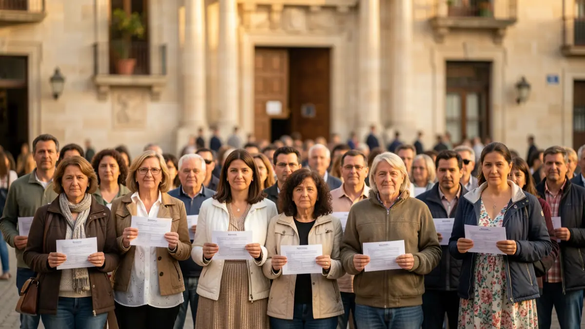 People of various European and South American nationalities in front of a Spanish town hall.