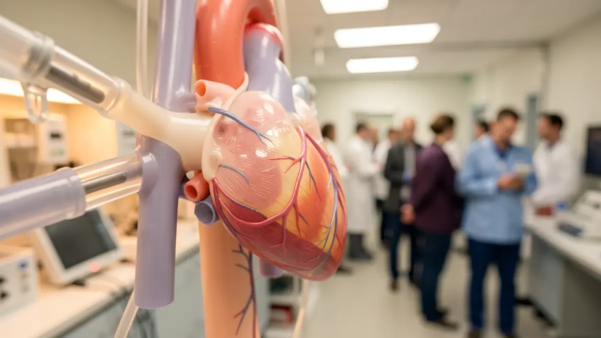 Vàlvula cardíaca amb instruments mèdics al fons d'un laboratori.