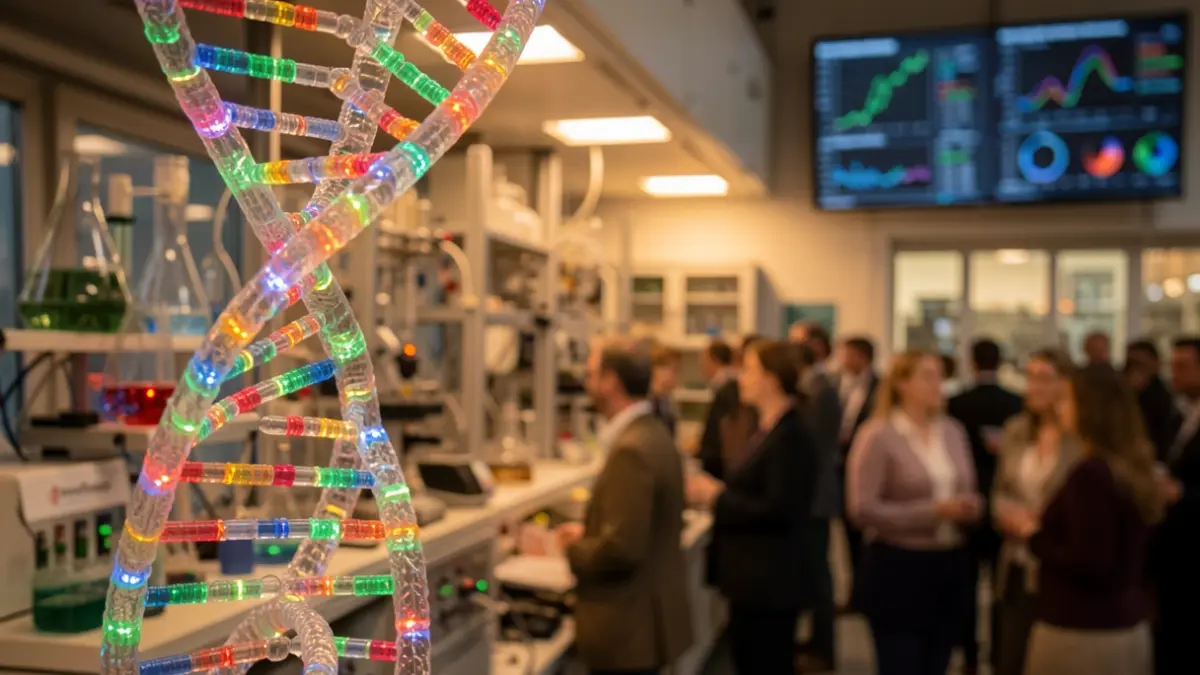 Generic image of a DNA double helix with glowing genetic markers, against a blurred background of scientific equipment and data visualizations.
