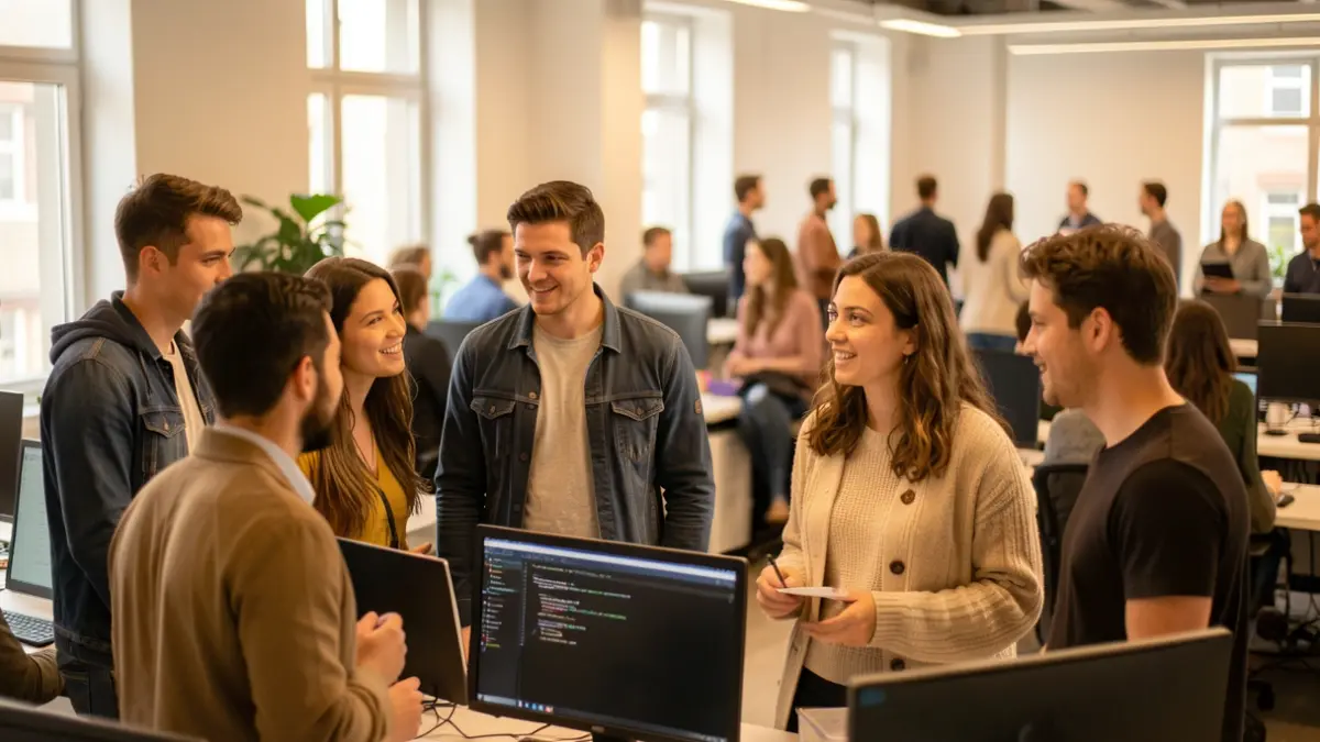 Generic image of young students in a modern office environment, showing interest and interaction.