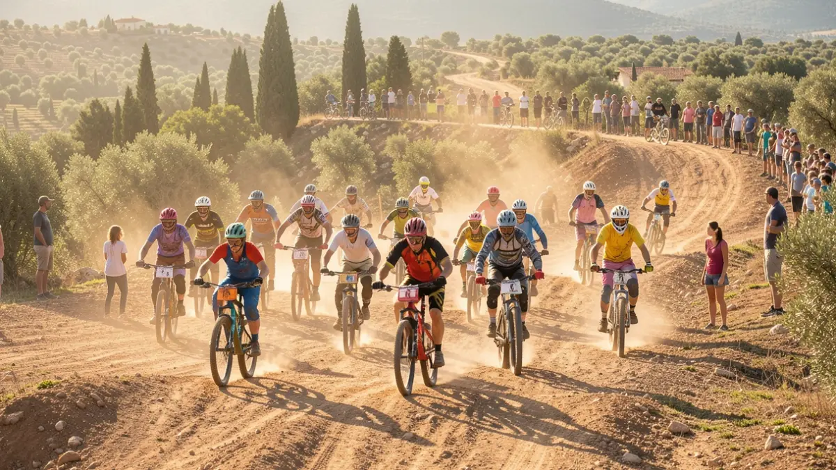 Imatge genèrica de pilots de trial en un circuit fora d'asfalt en un paisatge mediterrani.
