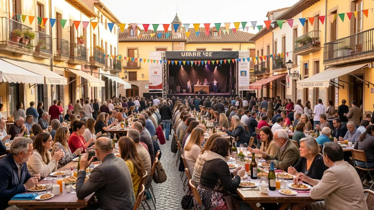 Generic image of a Catalan town square filled with people enjoying a popular meal.