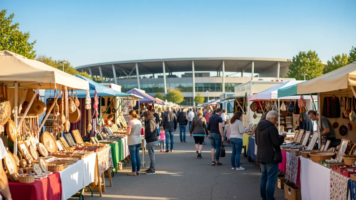 Imagen genérica de una feria municipal con stands, foodtrucks y actividades familiares en el exterior de un pabellón deportivo.