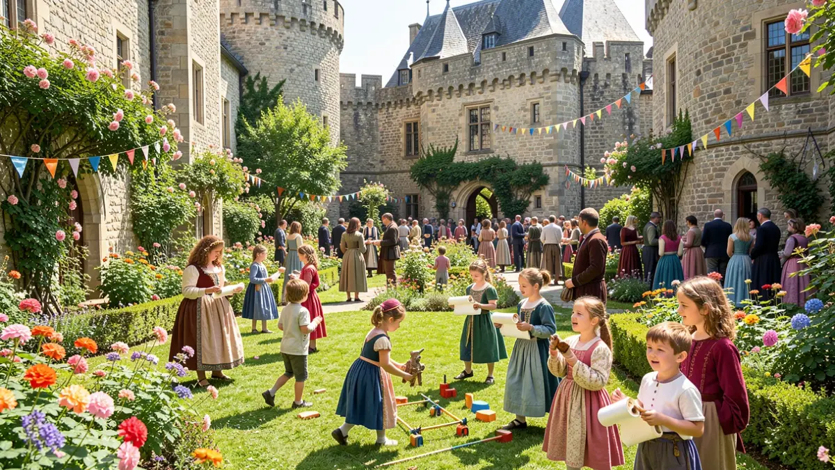Imatge genèrica d'un jardí de castell medieval ple d'infants participant en jocs i activitats.