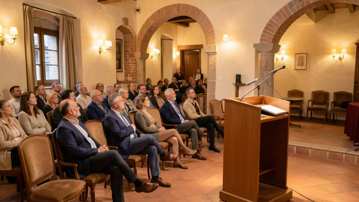 Imatge genèrica d'un espai comunitari preparat per a una xerrada, amb cadires i un faristol.