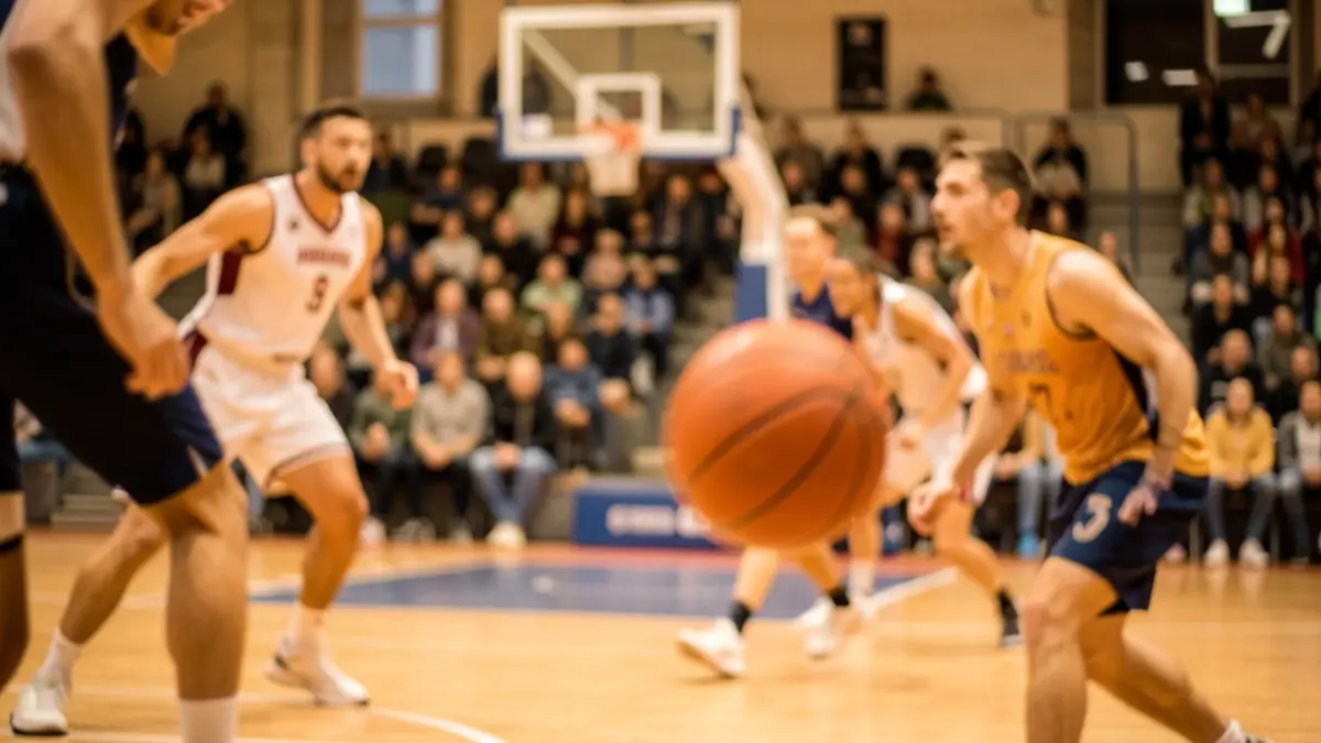 Imatge genèrica d'un partit de bàsquet amb jugadors difuminats i la pilota en moviment.