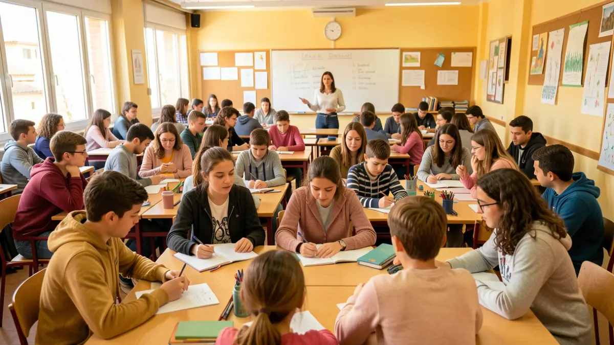 Catalan language classroom in La Garriga with students and teacher.