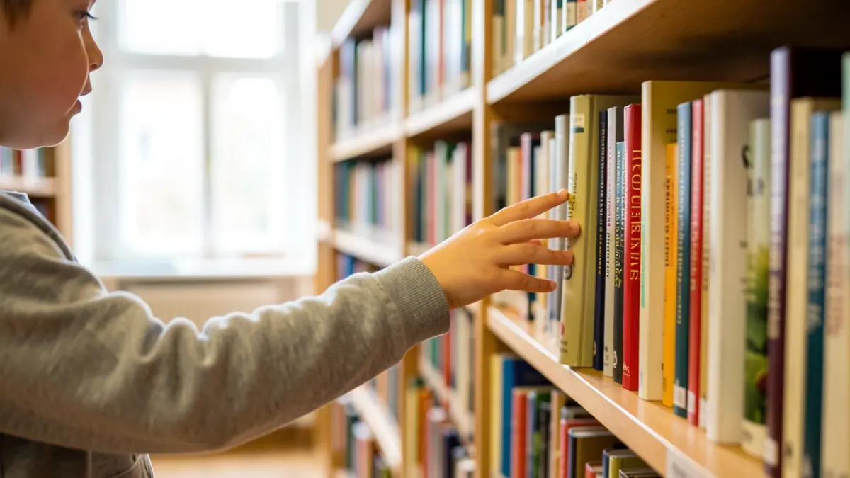 Una mà infantil agafant un llibre d'una prestatgeria de biblioteca.