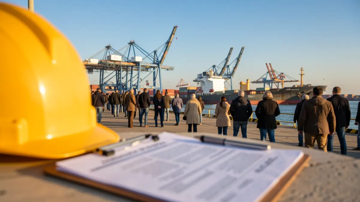 Generic image of a Mediterranean port with cranes and ships, featuring a safety helmet and clipboard on a document in the foreground.