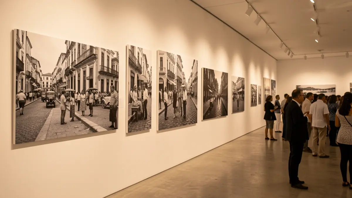 Selecció d'imatges en blanc i negre de la vida a Cuba exposades en una sala.