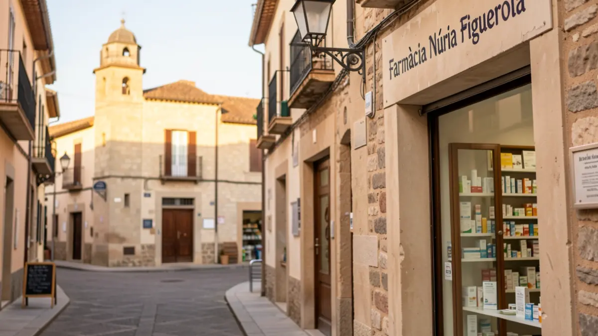 Farmacia Núria Figuerola en Mollerussa, colaboradora del Voluntariat per la llengua.