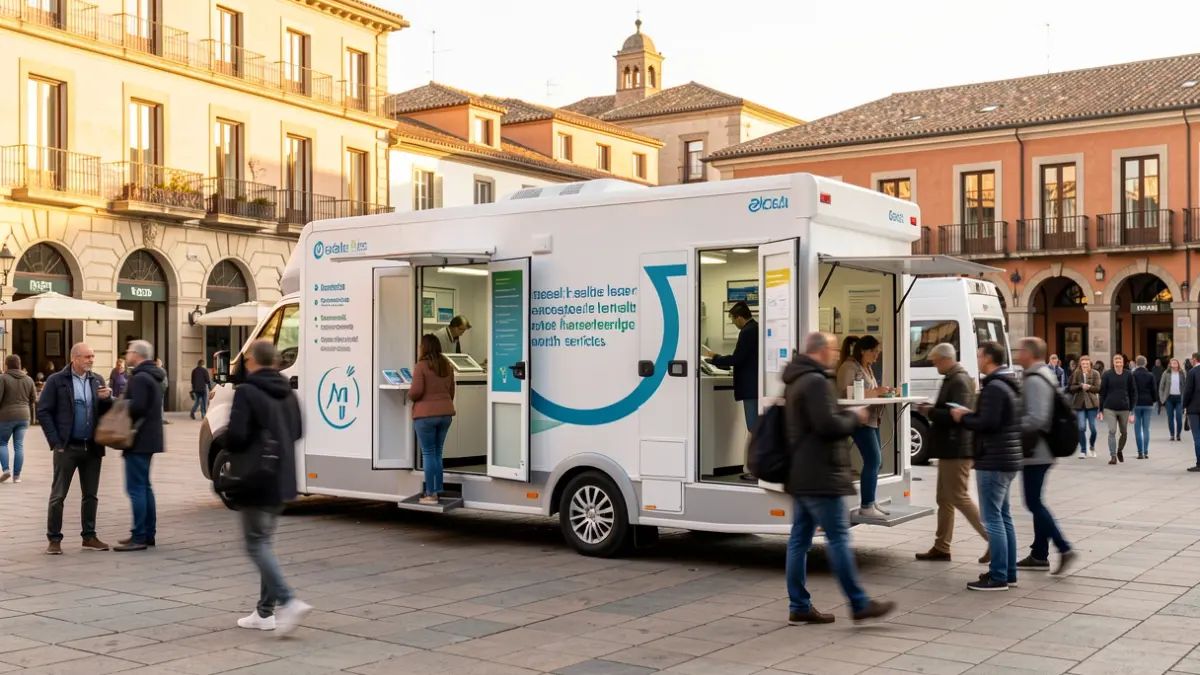 Mobile health unit set up in a Catalunya square for the 'My pharmacy, my health. All against stroke' campaign.