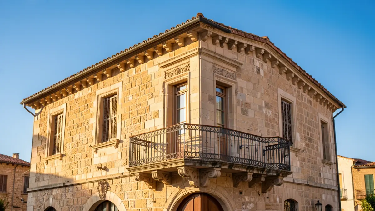 Generic image of a municipal building with a balcony and blue sky.